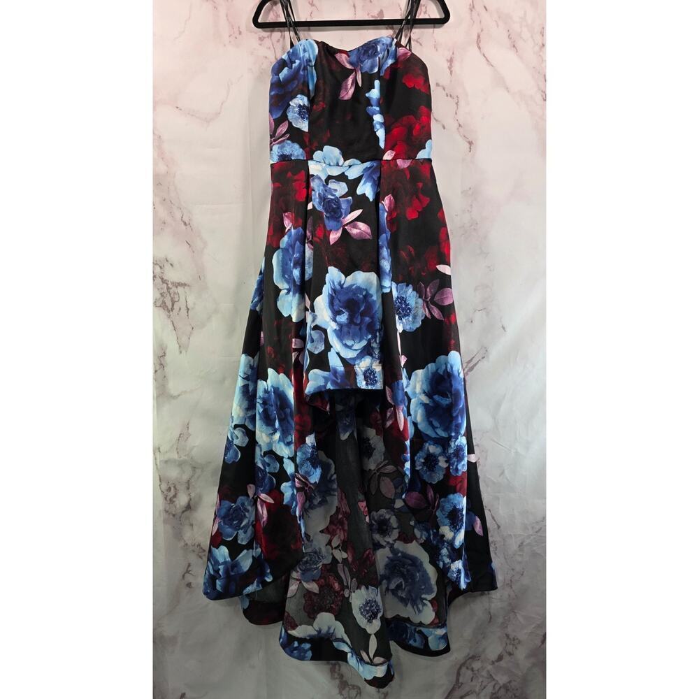 Vintage Gown Womens Large Blue Y2K Floral Satin Strapless Prom Hi Low Goth Punk